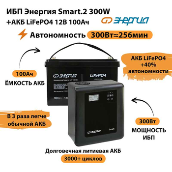 ИБП для котла Энергия Smart 2 300Вт + LiFePO4 Аккумулятор 12v 100Ah (300Вт - 256мин) - ИБП и АКБ - ИБП Энергия - ИБП для котлов отопления - Магазин сварочных аппаратов, сварочных инверторов, мотопомп, двигателей для мотоблоков ПроЭлектроТок